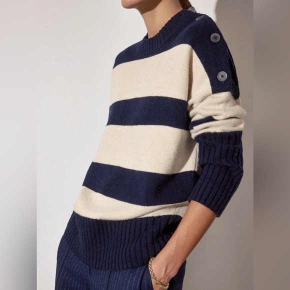 Brochu Walker Sweaters - BROCHU WALKER CY Striped crewneck Sweater cream and navy blue, size XS